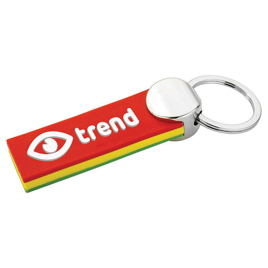 Soft PVC triple layered sandwich keyring.  PVC size is 6cm x 2cm.  Split ring diameter 32mm. logo cheap